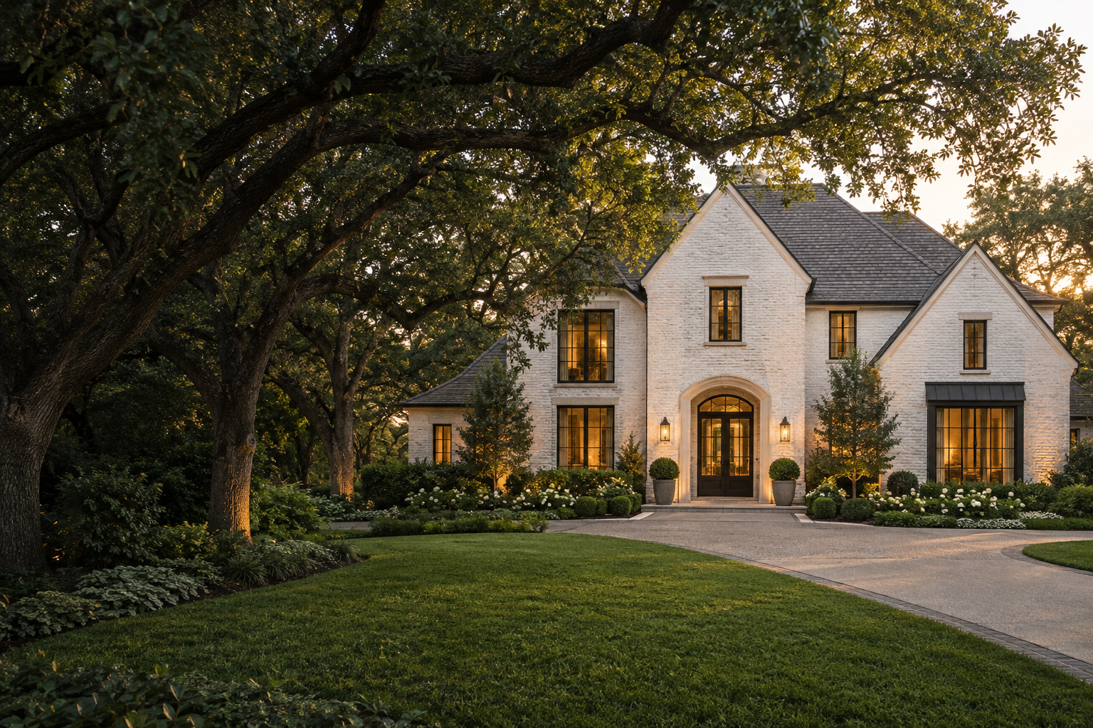 Illustrative Houston-style white brick home framed by mature live oak trees