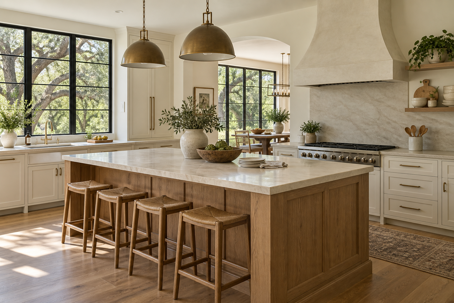 Illustrative bright home interior with oak cabinetry and natural stone finishes